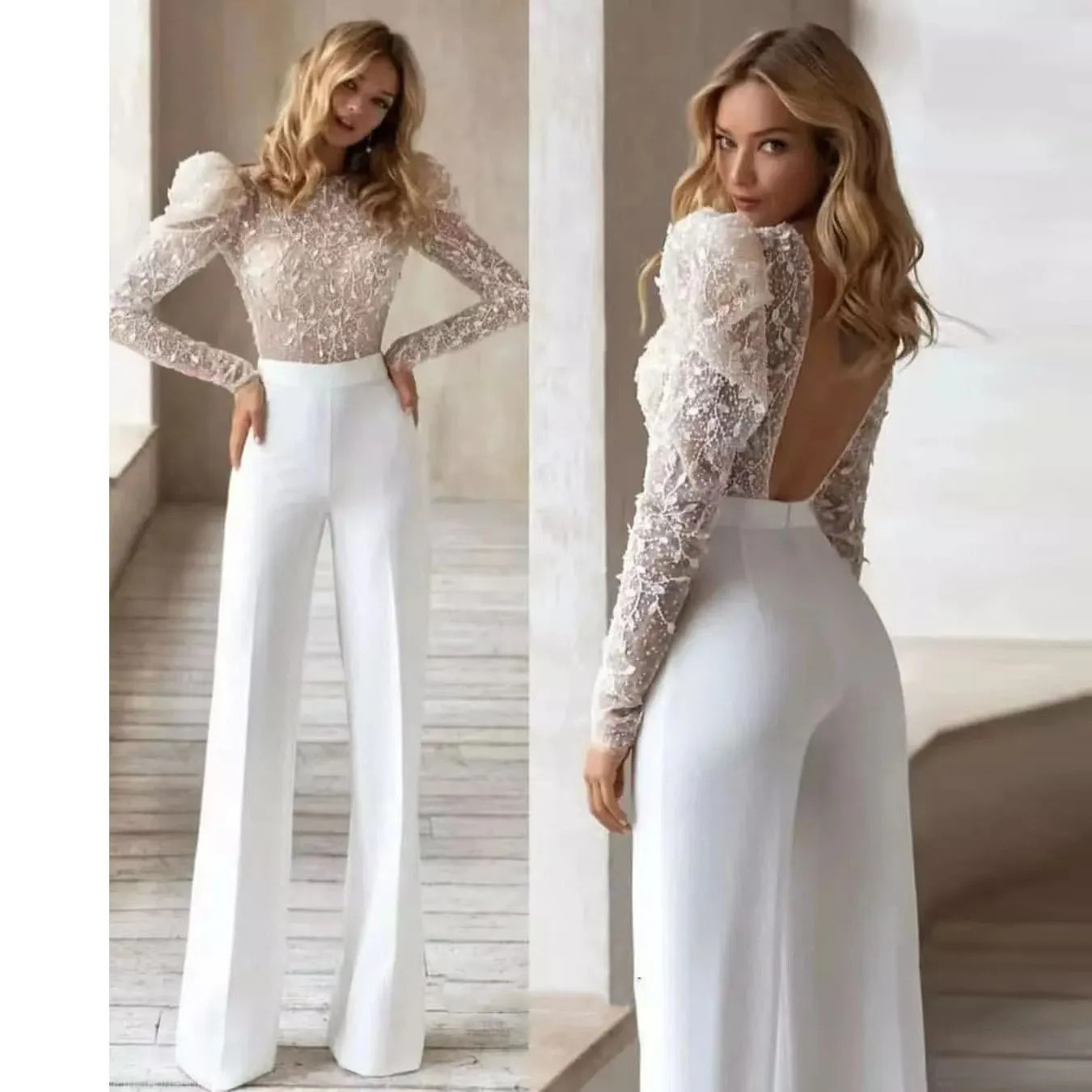 White Wedding Dress Jumpsuit For Women Backless Pants Set For Brides Sparkle Long Sleeve Bridal D... | DHGate