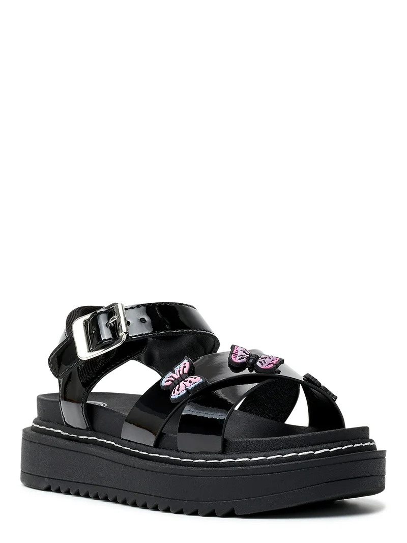 Wonder Nation; Unisex Kids Butterfly Detail Flatform Sandal, Black Patent, Adjustable Size | Walmart (US)