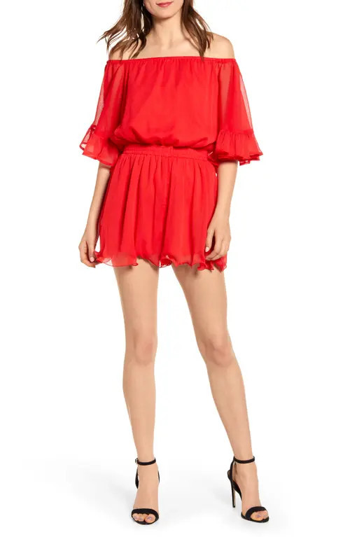 Endless Rose Off the Shoulder Ruffle Sleeve Romper in Red at Nordstrom, Size Small | Nordstrom