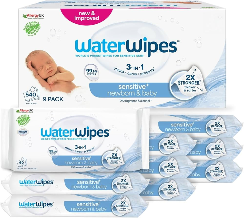 WaterWipes Sensitive+ Newborn & Baby Wipes, 540 Count (9 Packs), 3-In-1 Cleans, Cares, Protects, ... | Amazon (UK)