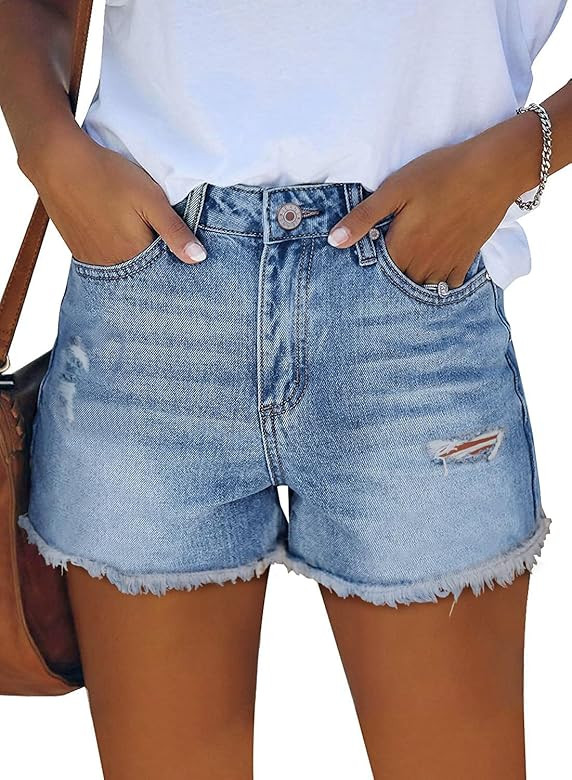 ZOLUCKY Women's Casual Summer Denim Shorts Mid Waisted Stretchy Ripped Jean Shorts with Pockets | Amazon (US)