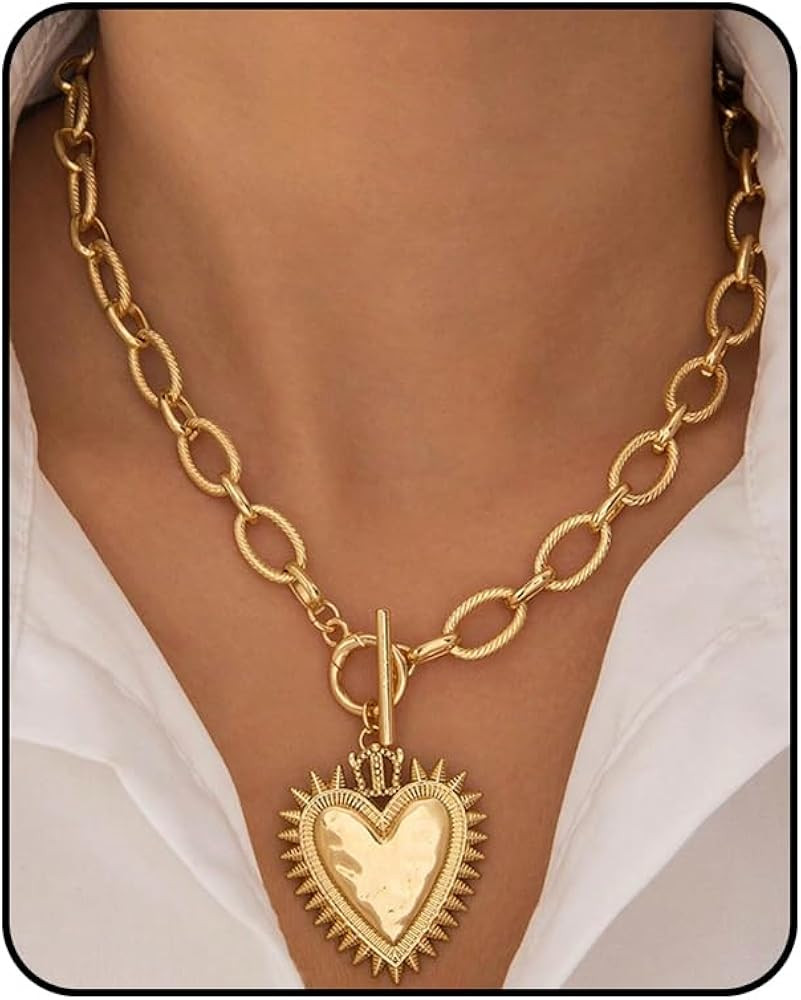 Chunky Heart Necklace for Women Gold Big Heart Choker Y Necklace Chunky Pendant Necklaces For Wom... | Amazon (US)