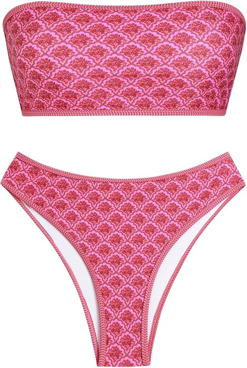 ZAFUL Women's High Cut Bandeau Bikini Set Strapless Solid Color 2 Pieces Bathing Suit Swimsuit | Amazon (US)
