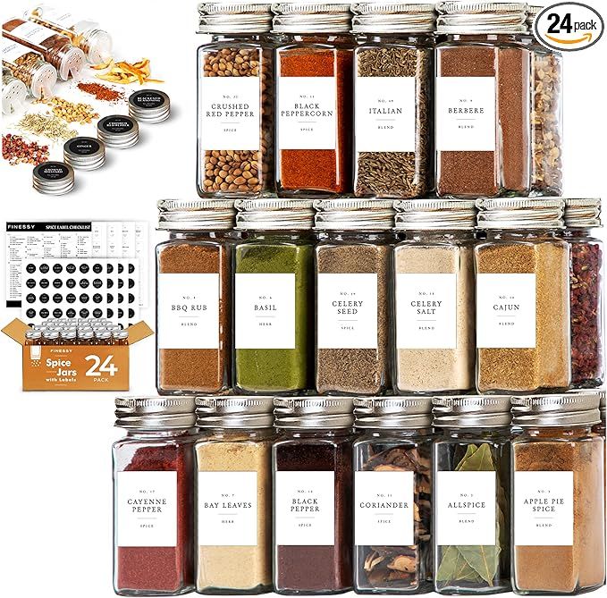 Glass Spice Jars With Labels and Organizer Farmhouse, 24 Pcs Spice Organizer, Spice Seasoning Con... | Amazon (US)