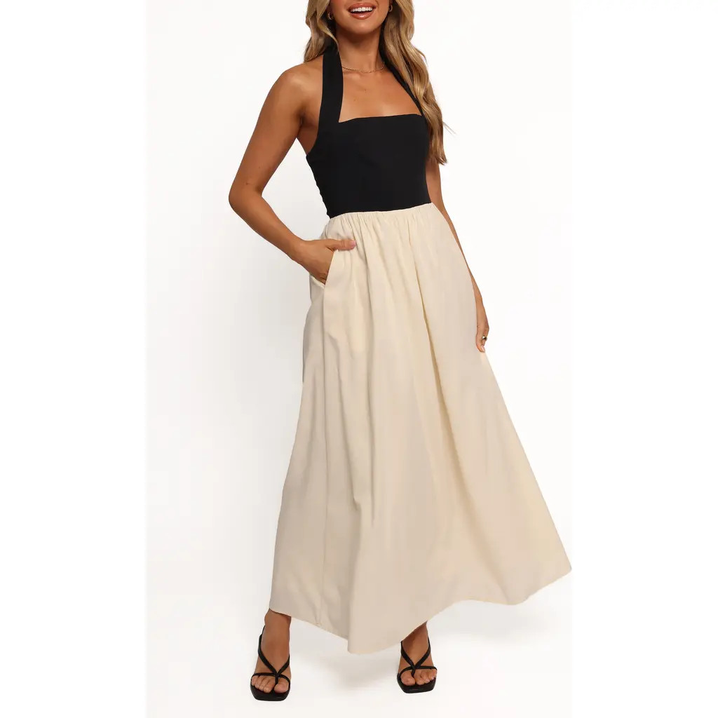 Petal & Pup Jayden Halter Neck Maxi Dress in Black Cream at Nordstrom, Size Medium | Nordstrom