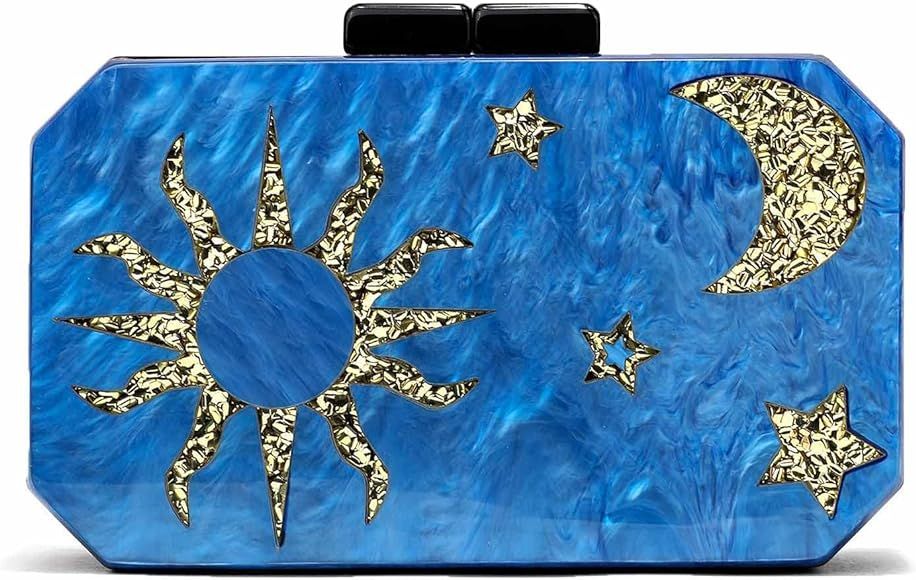 Acrylic Small Clutch Purses for Women,Gold Stars Moon and Sun Patterns, Blue Evening Clutch for Part | Amazon (US)