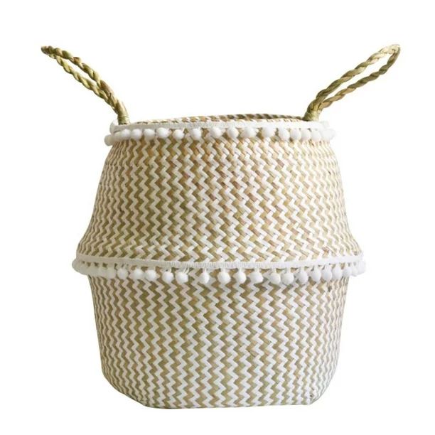 Foldable Handmade Folding Wicker Grass Weaving White Pattern with Small Plush Balls Flower Basket... | Walmart (US)