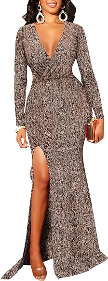 Women's Sexy Long Sleeve Sparkly Maxi Dress V Neck High Slit Wrap Formal Gown Cocktail Glitter Ma... | Amazon (US)