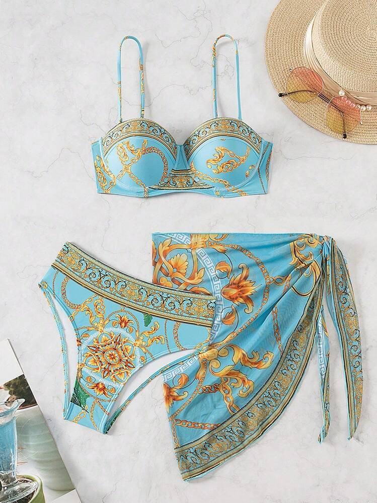 Women's Summer Beach Printed Chain Sexy Bikini Set With Cover-Up Top And Skirt | SHEIN