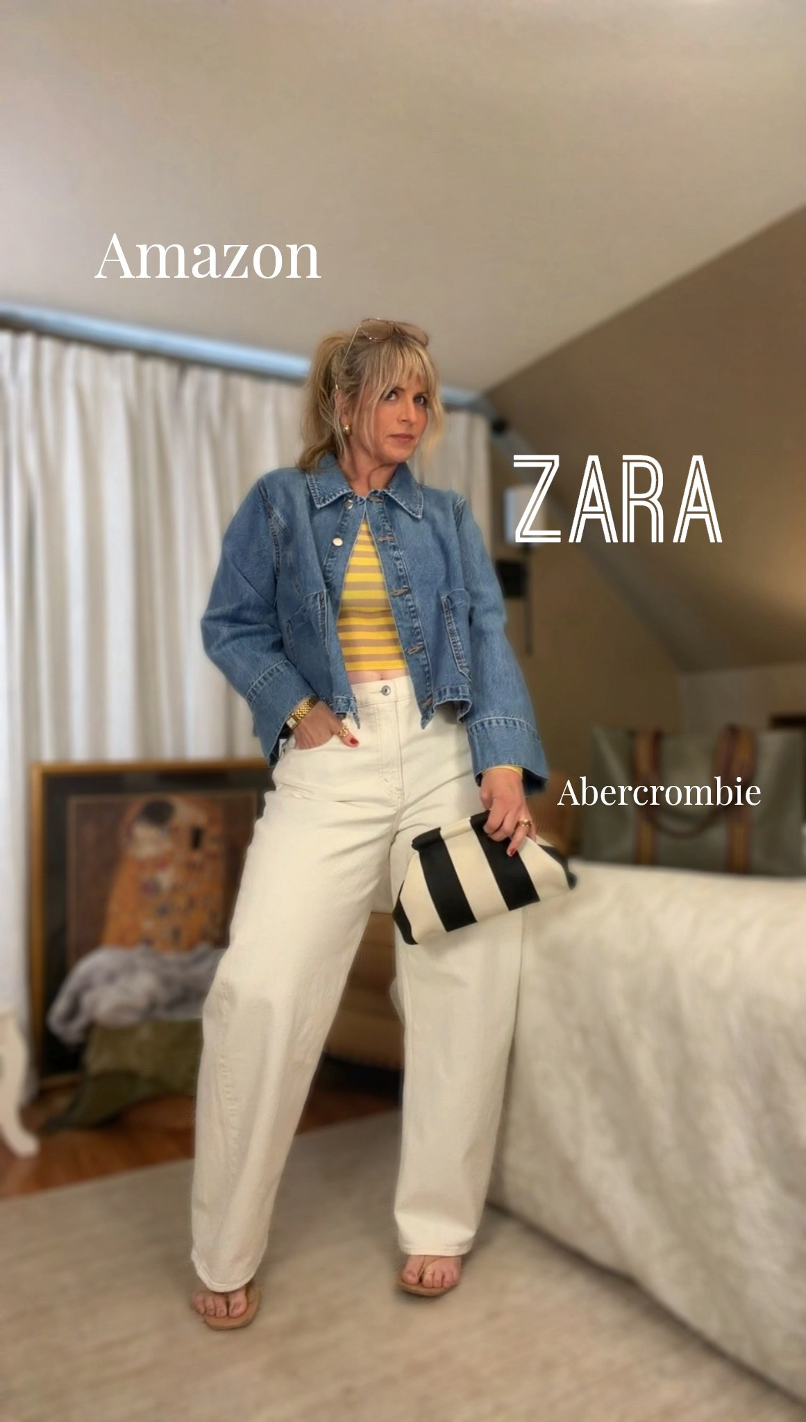 Spring 2026☀️
Top by ZARA: STRIPED CROP TOP in Ecru/yellow
Denim jacket by Zara: Z1975 CROPPED DENIM JACKET
Jeans: High rise barrel jeans in Ecru by Abercrombie 
Purse and sunglasses by Amazon

I’m 5’8” and a size 12 wearing a large in the top. 
jacket: XL - Incouodve definitely sized down. 
Jeans: 32 for a less fitted look.  Could’ve worn a 31(12) for a more classic fitted look. 

@Zara @amazonstylefinds @abercrombie 

#LTKootd #LTKTall #LTKMidsize