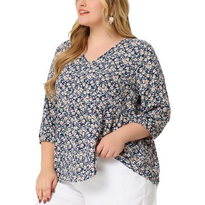 Agnes Orinda Women's Plus Size Floral V Neck 3/4 Lantern Sleeve Flowy Casual Babydoll Blouses 1X Navy Blue | Target