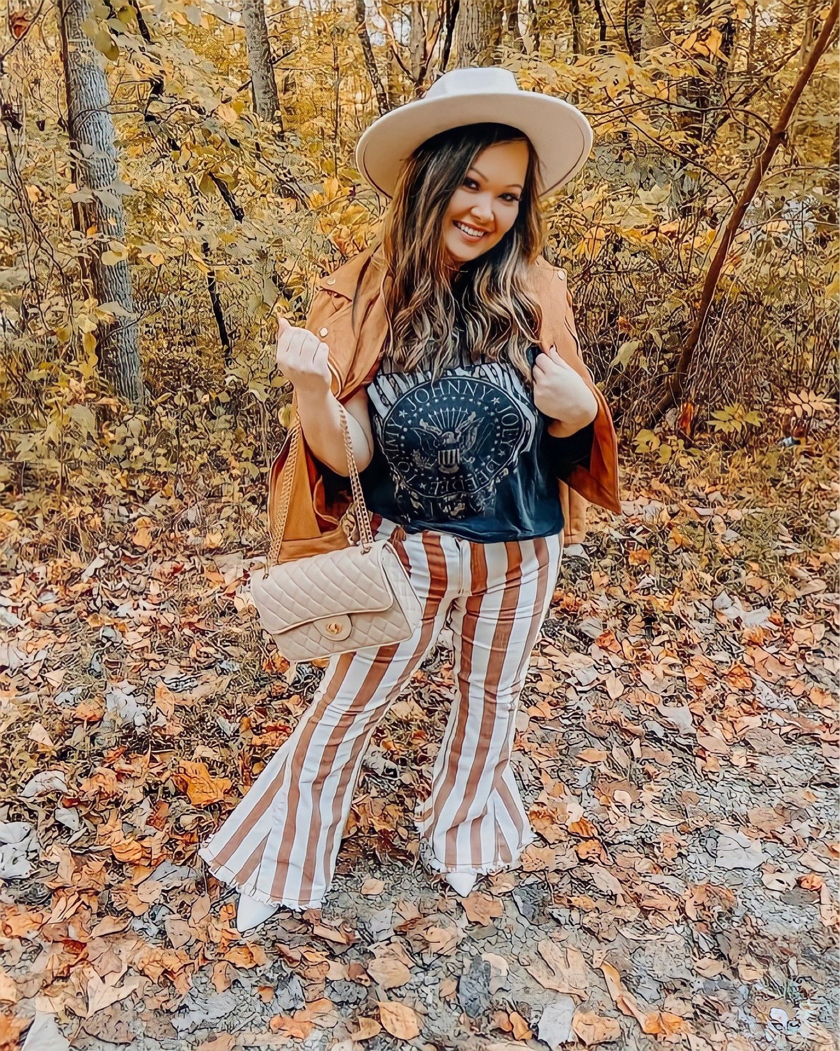 Fall Outfit
#graphictee #flarestripedjeans #suedemotojacket #whiteboots #whitebooties #nudequiltedpurse #fedorahat

#LTKunder50 #LTKstyletip #LTKSeasonal