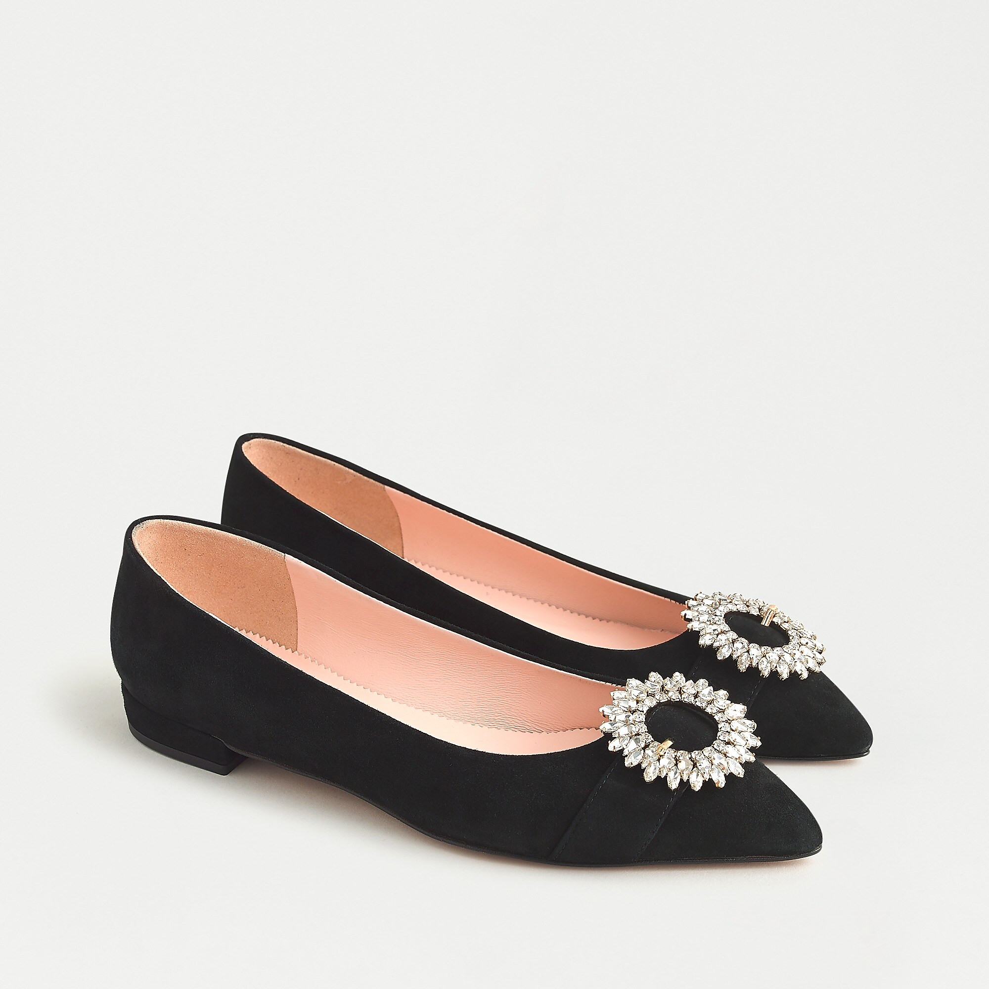 Pointed-toe flats in suede with crystal buckle detail | J. Crew US