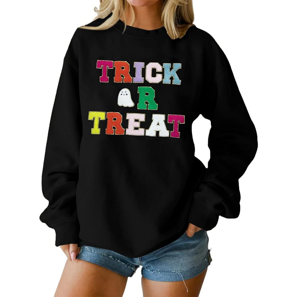 TAOHONG Halloween Ghost Sweatshirt for Women Trick or Treat Crewneck Pullover Tops Cute Embroider... | Amazon (US)