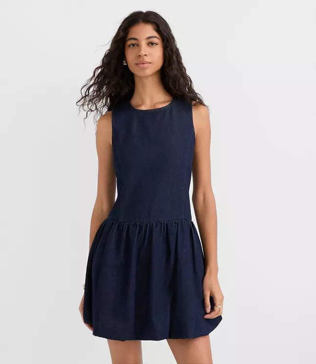 Denim Bubble Mini Dress in Dark Wash | LOFT