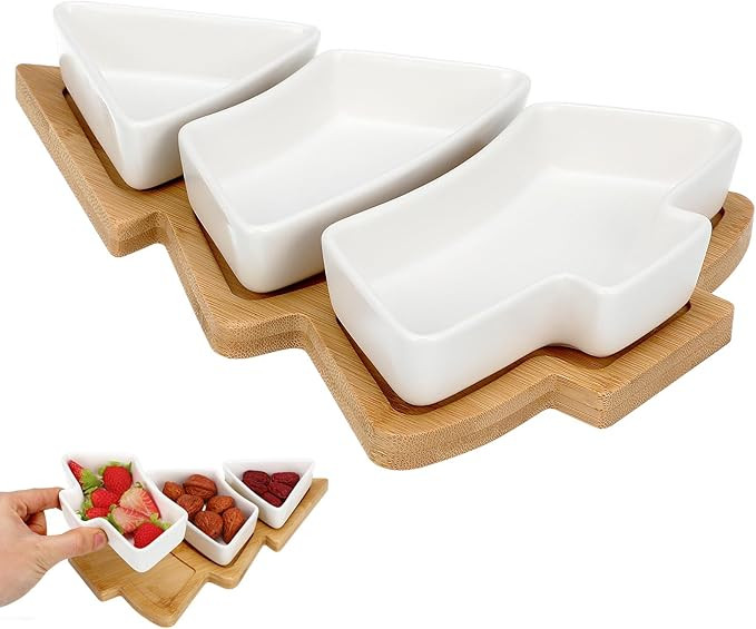 DOITOOL Christmas Serving Dish Ceramic Christmas Tree Platter with Wooden Base Xmas Serving Tray ... | Amazon (US)