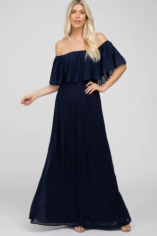 Navy Chiffon Pleated Off Shoulder Maternity Maxi Dress | PinkBlush Maternity