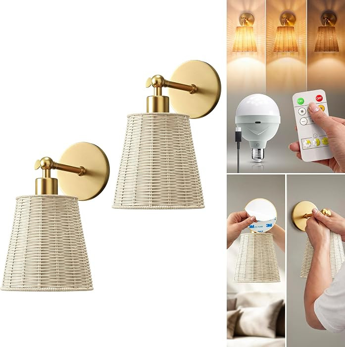 Wireless Wall Sconces Set of 2, Peel and Stick Battery Operated Wall Lamps for Bedroom, with 2 Re... | Amazon (US)