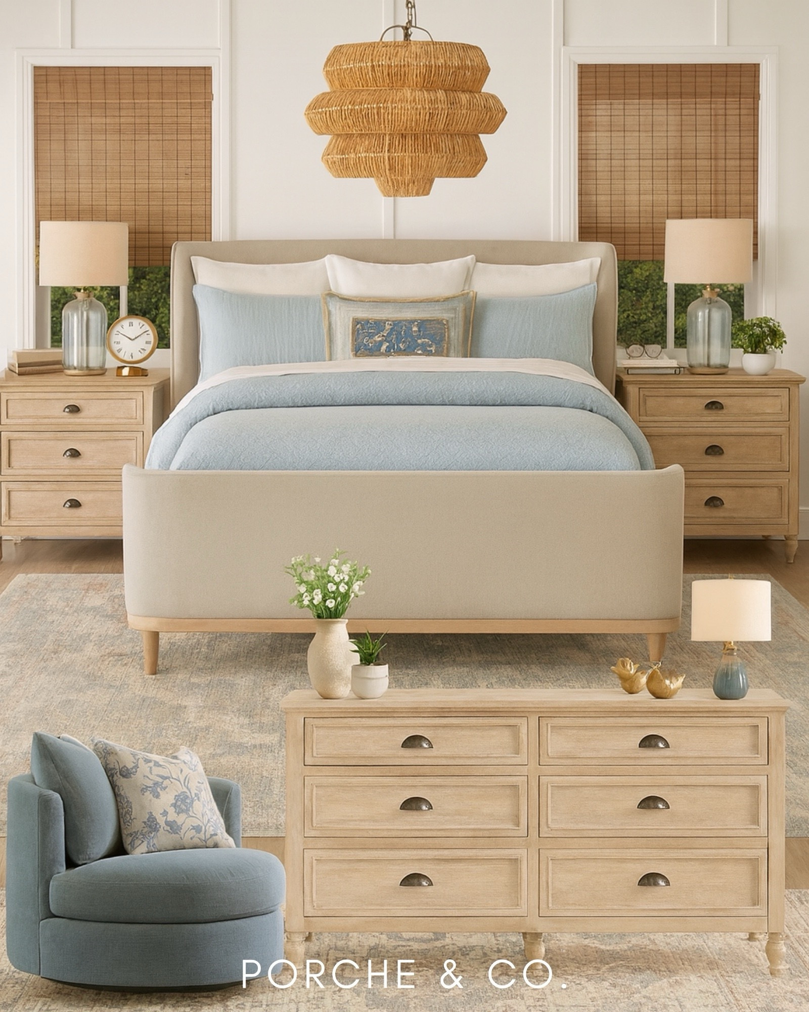 2D vs 3D Bedroom Curated Collection ✨
See the before & after transformation come to life — from the 2D design board to the 3D styled space. This bedroom brings together a neutral upholstered bed, woven rattan chandelier, natural wood nightstands, a light wood dresser, blue accent chair, ceramic table lamps, and a patterned area rug for a cozy yet elevated look. 🌿🪞

This Curated Collection blends soft textures, layered bedding, coastal blues, and natural materials to create a calm and inviting retreat. Perfect inspiration for your next bedroom makeover!

Do you want to bring our dreamy Modern Classic style interior design into your own home? 🏡 You’re in luck! Reserve our Online Interior Design packages today -> https://porcheandco.com/edesign ✨ We can’t wait to work with you & design your home with #porcheandco

#porcheandco #visionboard #moodboard #bedroomdesign #curatedcollection #interiordecor #modernclassic #homestyling #bedroomgoals



#LTKHome #LTKvlog