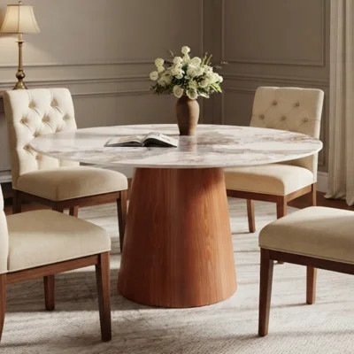 Designer Round Dining Table 47"/ 53"/59" with Authentic Solid Wood Pedestal & 4 Luxury Sintered Stone Top for Modern Dining Rooms | Wayfair North America