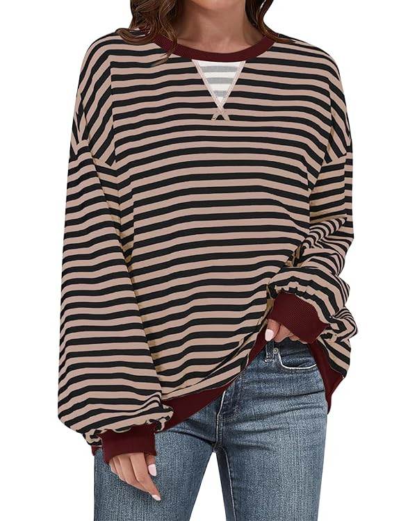 UEU Women Oversized Striped Crewneck Sweatshirt Long Sleeve Color Block Pullover Tops Casual Loos... | Amazon (US)