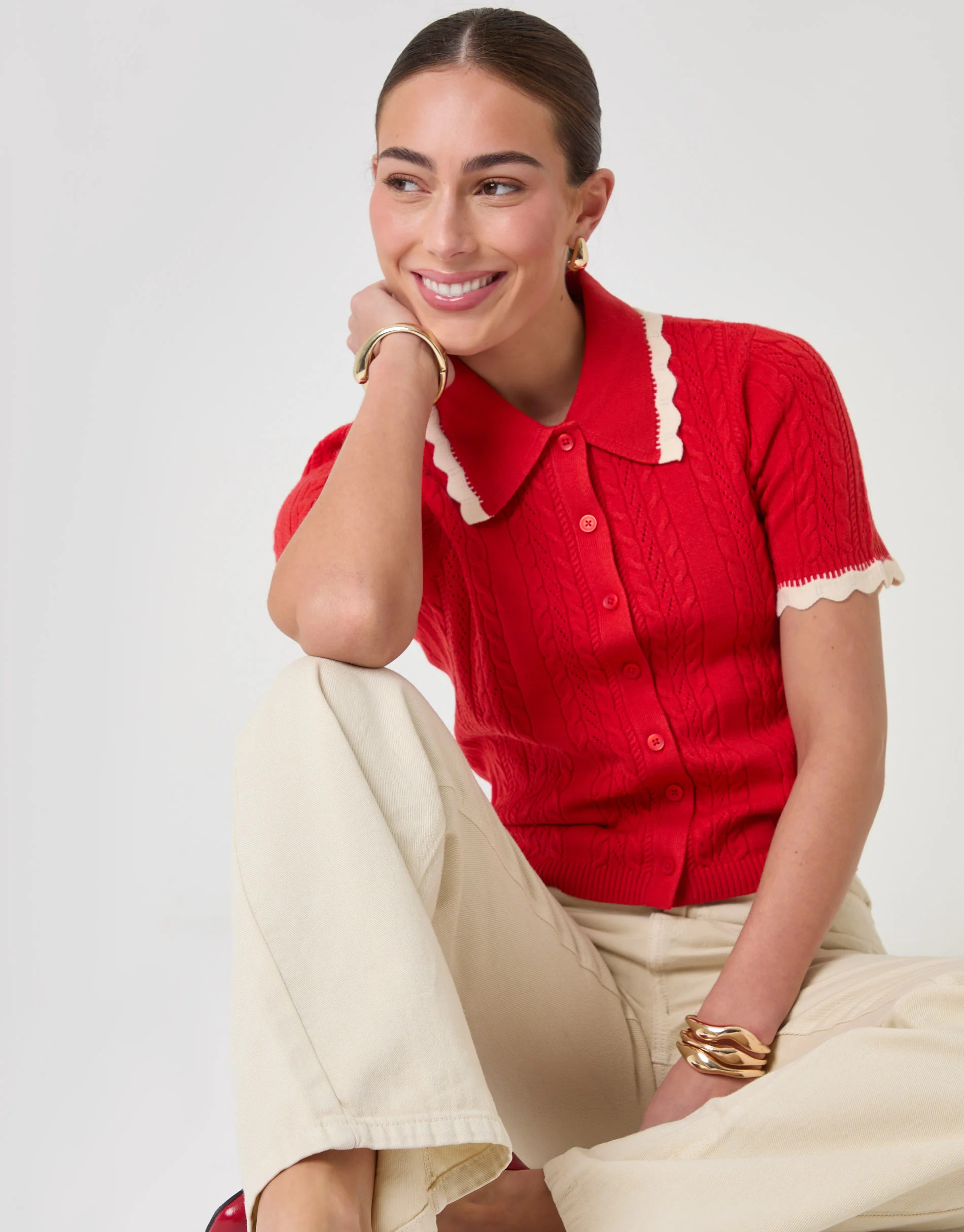 Cable Knit Scallop Trim Polo in Red | Threadbare UK