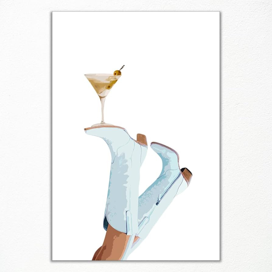 Retro Coastal Cowgirl Wall Art, Trendy Cowgirl Martini Poster, Coquette Light Blue Cowboy Boots P... | Amazon (US)