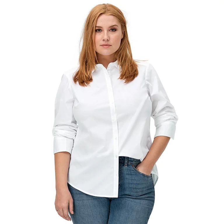 Ellos Women's Plus Size Long Sleeve Button-Down Shirt Oversized Tunic Blouse - 22, White | Walmart (US)