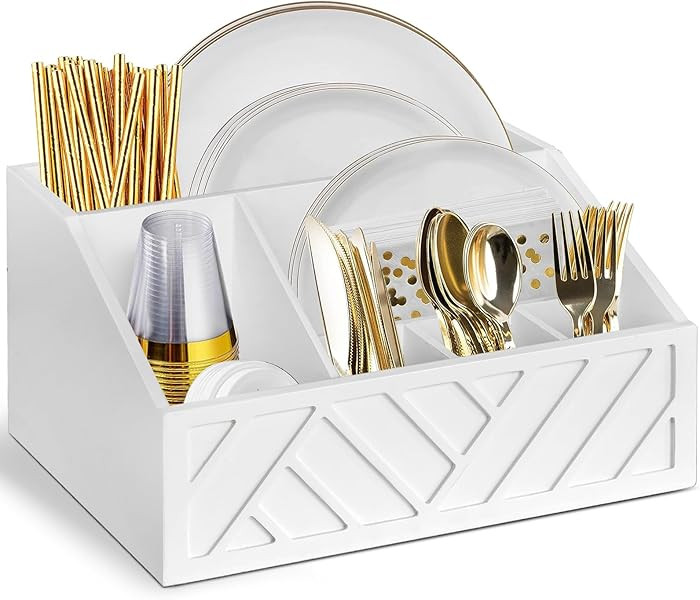Paper Plate Dispenser, Paper Plate Holder for Kitchen Counter, Wood Rustic Silverware Utensil Cad... | Amazon (US)