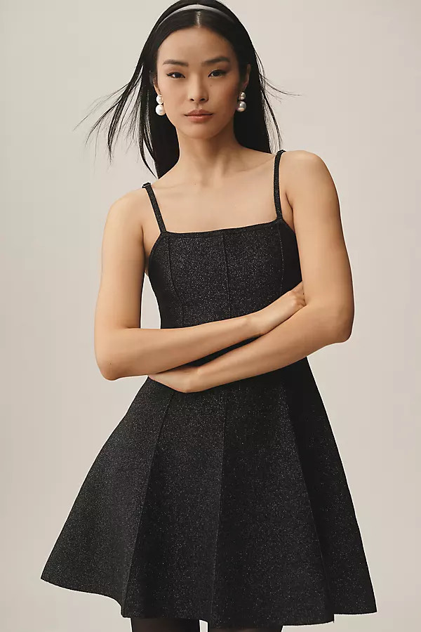 Square-Neck Pleated A-Line Lurex Mini Sweater Dress | Anthropologie (US)