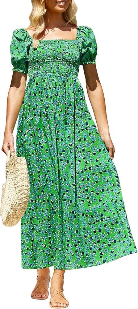 ZESICA Women's 2026 Summer Boho Floral Print Square Neck Ruffle Swing Beach Long Maxi Dress | Amazon (US)