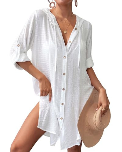 Bsubseach Bathing Suit Cover Up for Women Long Sleeve Swimsuit Coverup Sheer Dresses Button Down Hooded Beach Shirt White M | Amazon (US)