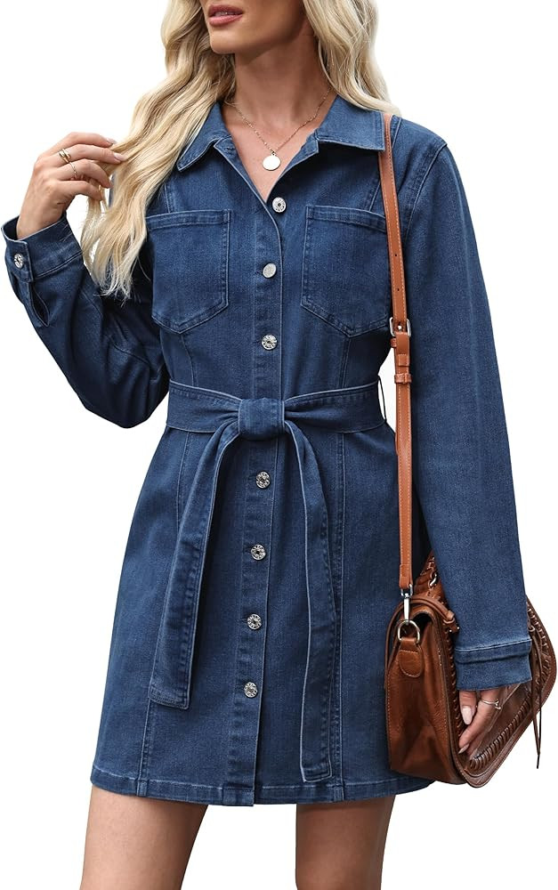 Women's Denim Dress Short Sleeve Jean Dress Button Down Denim Shirt Dresses with Pocket 2026 West... | Amazon (US)