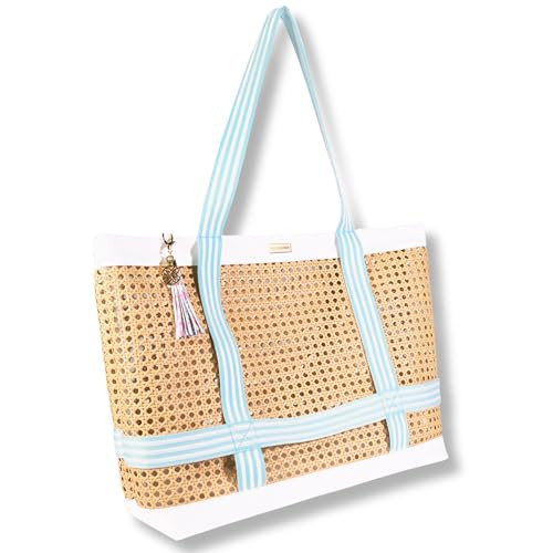 Lilly Pulitzer Large Travel Tote Bag with Hat Holder Strap, Caning Beach Bag with Tassel Keychain (Beachside Haven) | Amazon (US)