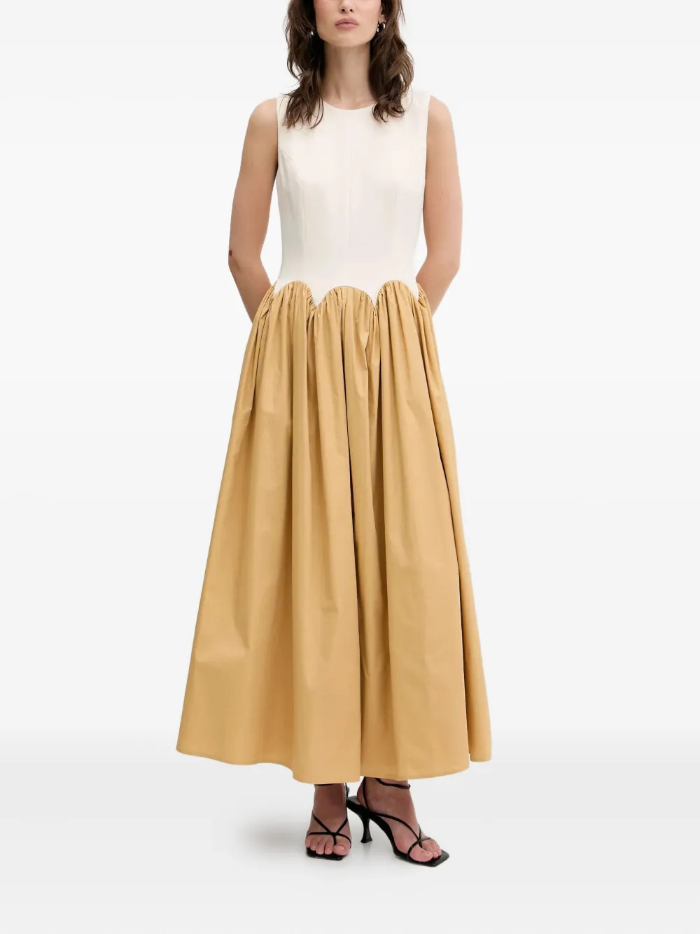 NEVER FULLY DRESSED Monika scalloped-detail midi dress - Neutrals | Farfetch Global