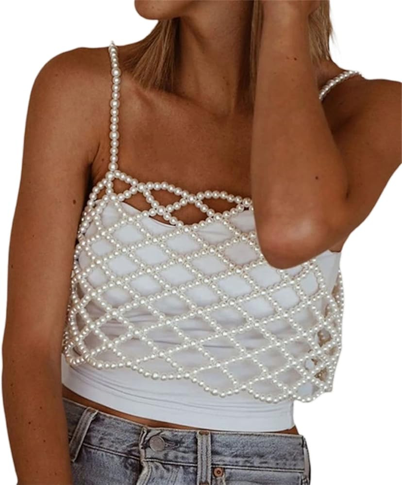 Women Sexy Pearls Beaded Cami Top Pearl Crop Top Spaghetti Strap Bra Cover up Top Tank Top Party ... | Amazon (US)