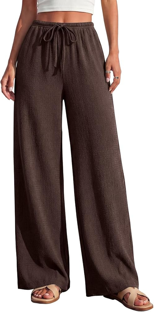 PRETTYGARDEN Womens Summer Elastic Waist Textured Flowy Palazzo Pants for Women Casual Wide Leg P... | Amazon (US)