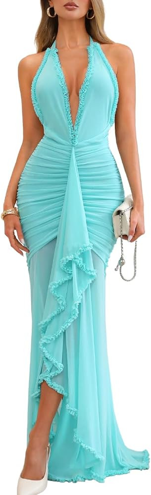 Kaei&Shi Ruffle Mermaid Formal Dress, Halter Deep V Neck Sexy Long Dresses Women, Elegant Wedding Guest Evening Gowns | Amazon (US)