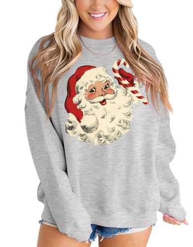 MAPICK Retro Women Christmas Santa Sweatshirts Oversized Fleece Linend Crewneck Sweaters Long Sleeve Xmas Fall Clothes(Light Grey,Small) | Amazon (US)
