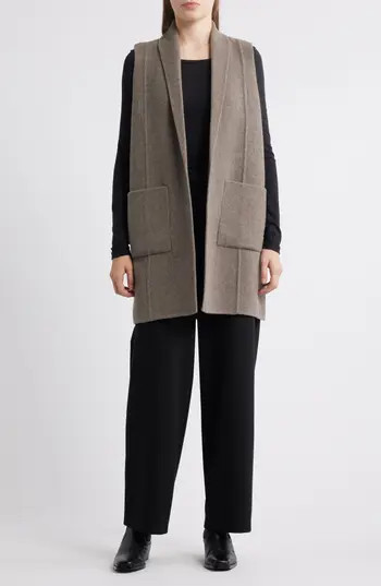 Eileen Fisher Shawl Collar Double Woven Wool Longline Vest in Taupe at Nordstrom Rack, Size Small | Nordstrom Rack