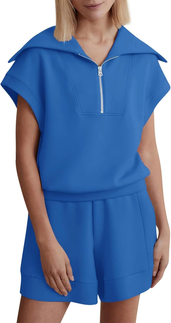 Zwurew 2 Piece Outfits for Women Half Zip Up Short Sets Cap Sleeve Sweat Suits S-2XL | Amazon (US)
