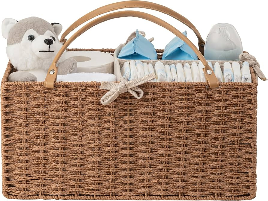 HBlife Baby Diaper Caddy Organizer, Paper Rope Storage Baskets Nursery Bin with Removable Divider... | Amazon (US)