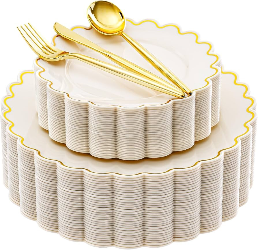 LIYH 150 Pcs Ivory Gold Plastic Dinnerware Set for Wedding - 30 Guests | Amazon (US)