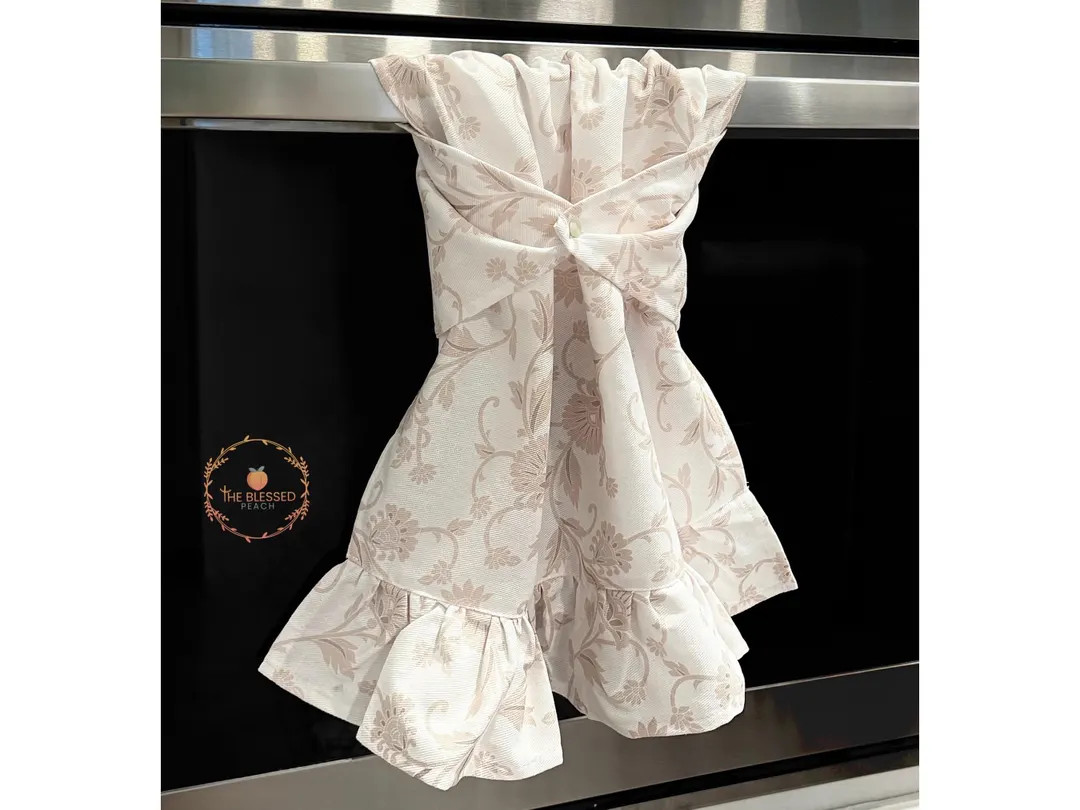 Floral Ruffle Kitchen Towel: Tan Neutral Farmhouse Dish Towel, beige towel with ruffle, decorativ... | Etsy (US)