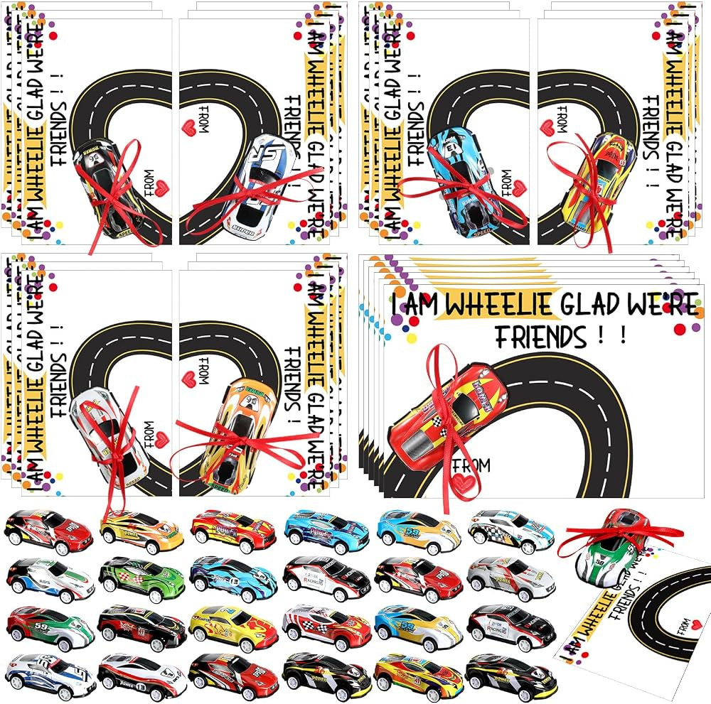 24 Set Valentines Day Die Cast Racing Cars Gift Cards for Kids with Valentine's Greeting Cards Pu... | Amazon (US)