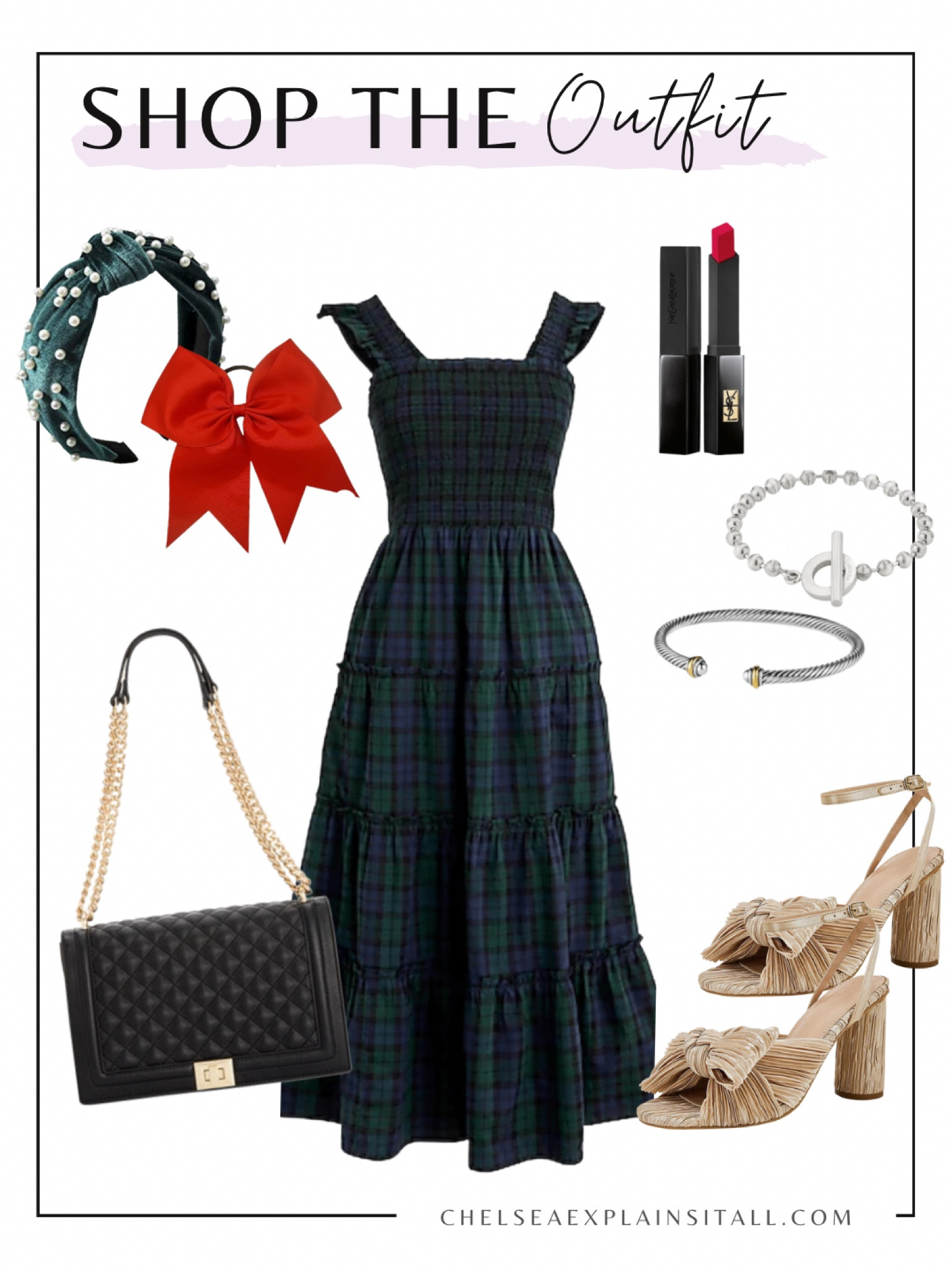 Sale alert on the cutest plaid midi dress!! Seriously the prettiest holiday outfit. Dress runs TTS, and is a great affordable option to the hill house nap dress. Paired with festive hair accessories for the holidays, ysl red lipstick, silver bracelets, gorgeous gold bow heels and a classic black chain bag ❤️ #holidaydress #holidayoutfit 

#LTKunder100 #LTKsalealert #LTKshoecrush