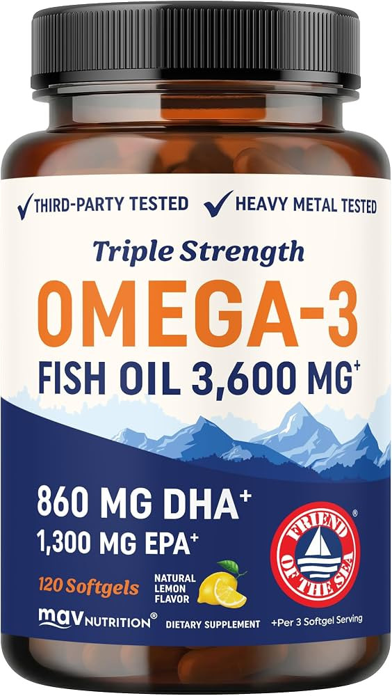 Triple Strength DHA Omega-3 Fish Oil 3600 mg | Over 2100mg Omega-3 Fatty Acids with 860 mg of DHA... | Amazon (US)