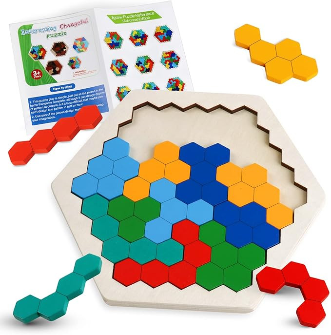 Skrtuan Wooden Blocks Puzzle for Kid Adults Brain Teaser Hexagon Puzzles Games Toy Shape Pattern ... | Amazon (US)