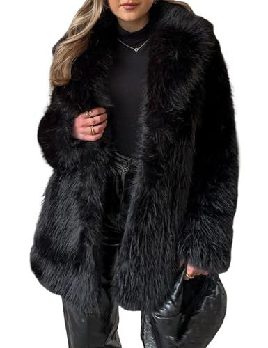 Wyeysyt Womens Faux Fur Coat Long Fluffy Shaggy Jacket Lapel Winter Furry Coats Fuzzy Outerwear(Black-S) | Amazon (US)
