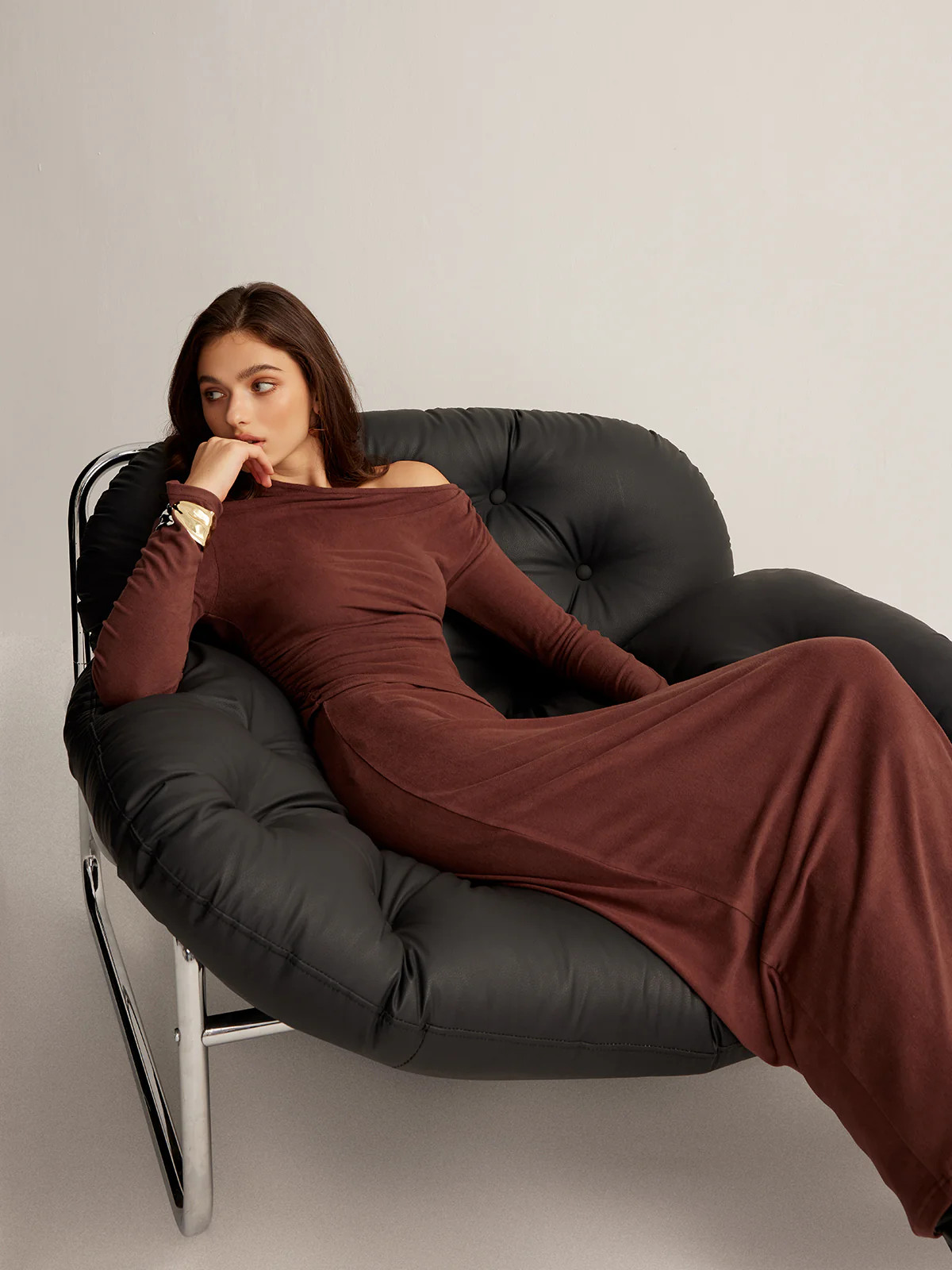 Asymmetrical Neck Slim Jersey Skirt Set | Commense